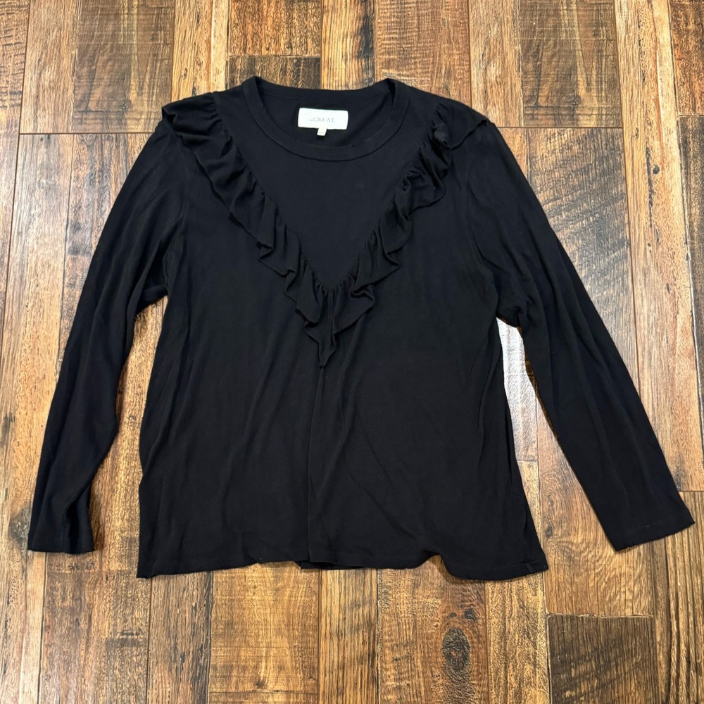 THE GREAT. Black Ruffled Long Sleeve Tee